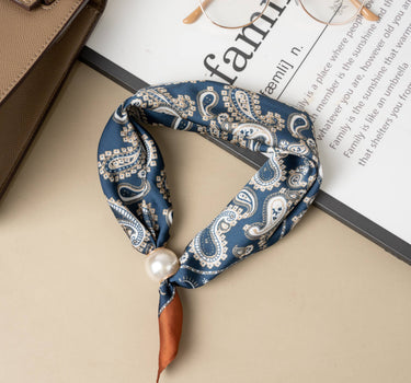 Trendy magnetic navy paisley scarf with an elegant pearl