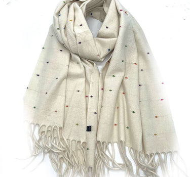 Multicolored polka dot scarf with long fringe
