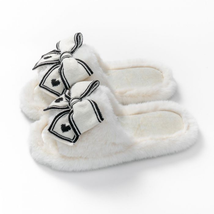 Midnight Bow Plush Slippers in White