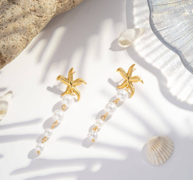 Golden starfish earrings with stainless steel pearls