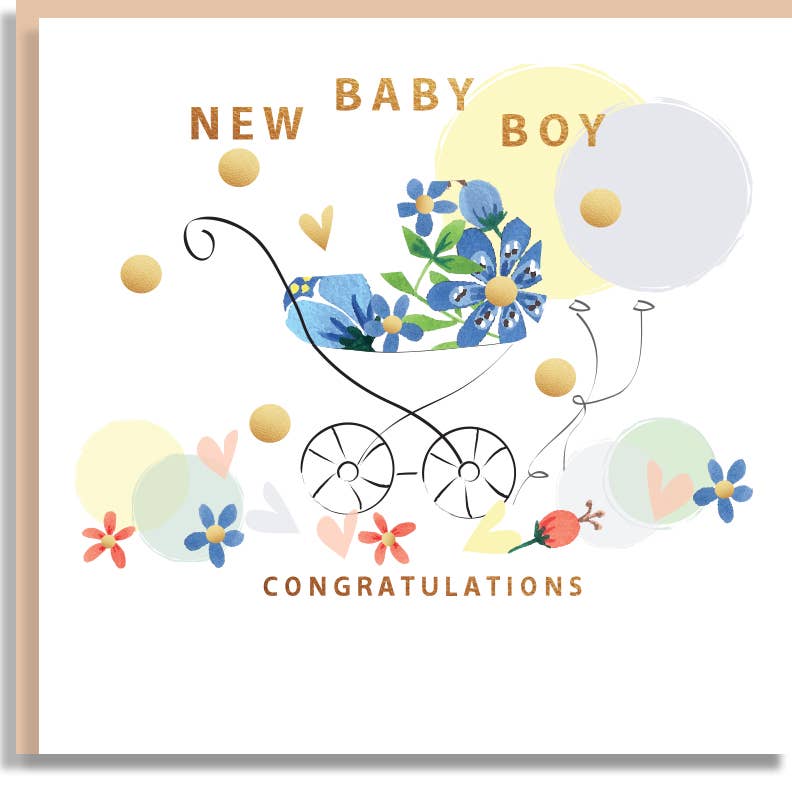 Baby Boy Blue Floral Pram Printed Wholesale Card