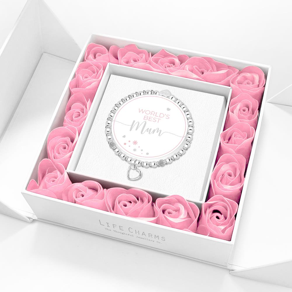 World&#39;s Best Mum - Open heart bracelet in elegant pink flower box