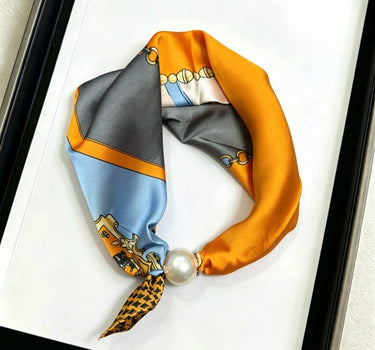 Satin scarf with magnetic pearl clasp