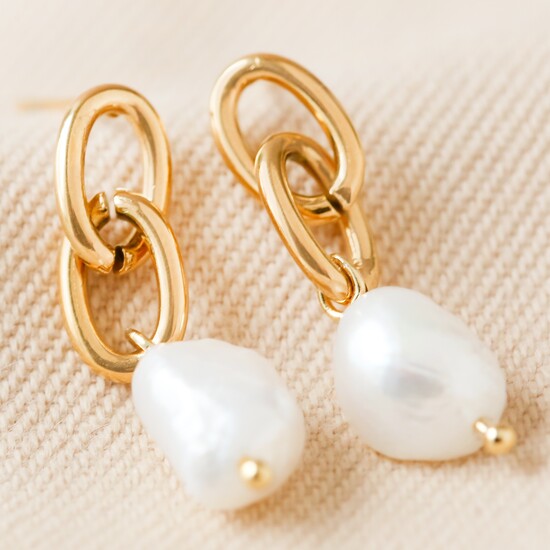 Stainless steel chain pearl gold dangly earrings