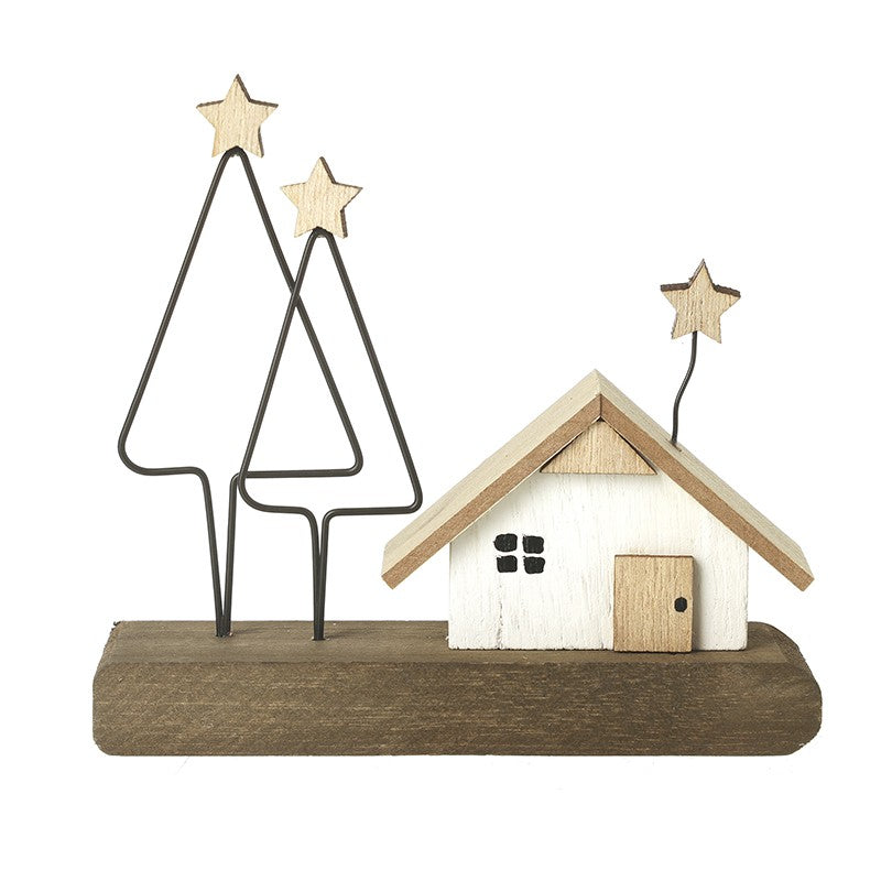 Wooden House On Block With Trees & Stars