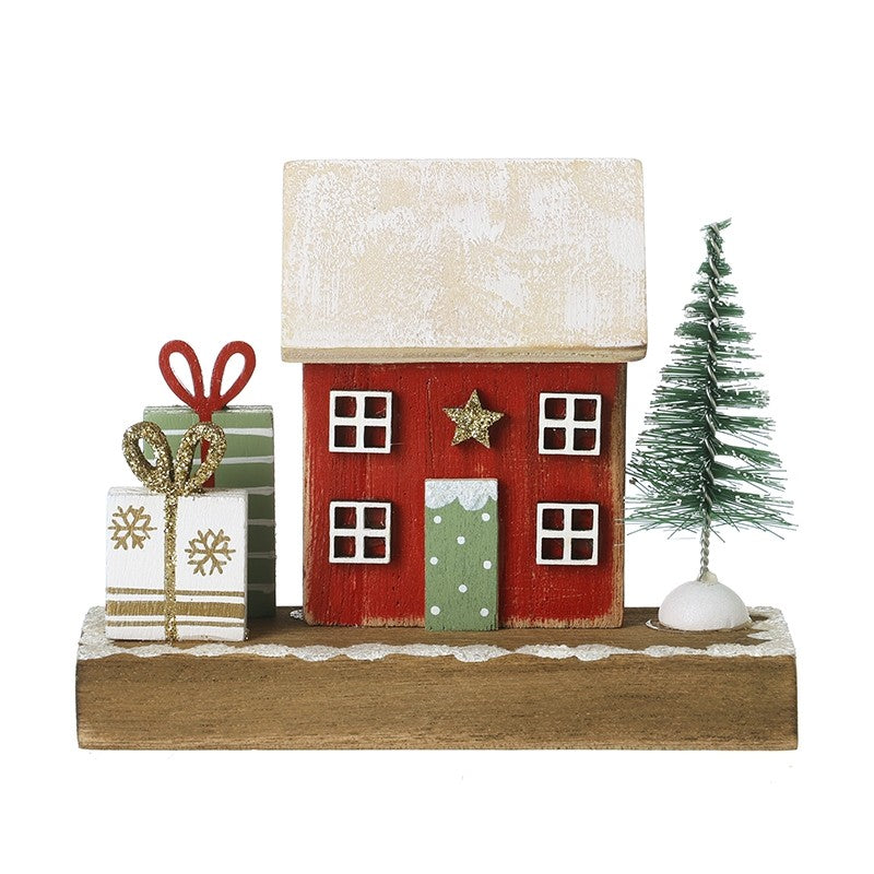 Red Wooden House With Gifts & Tree Orn