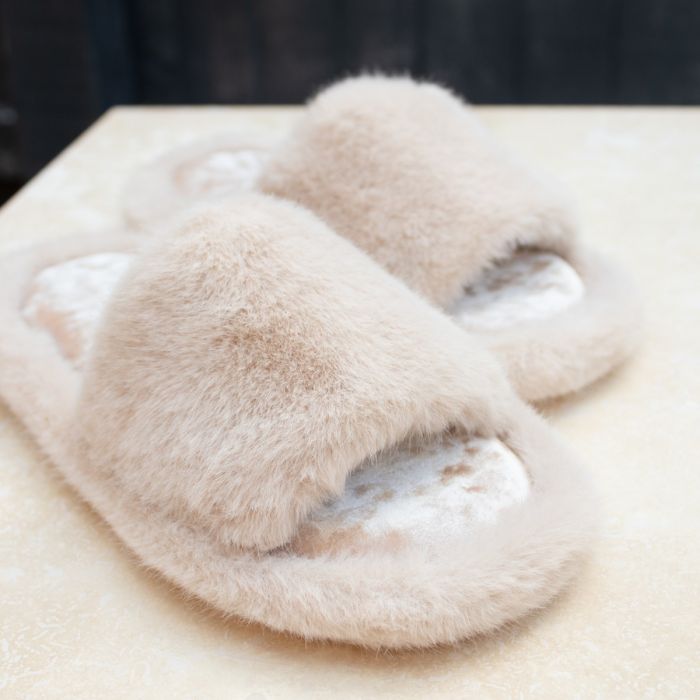 Plain Fluffy Faux Fur Slippers in Taupe