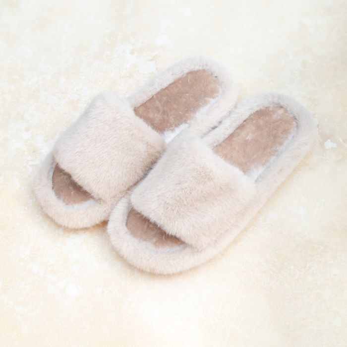 Plain Fluffy Faux Fur Slippers in Taupe