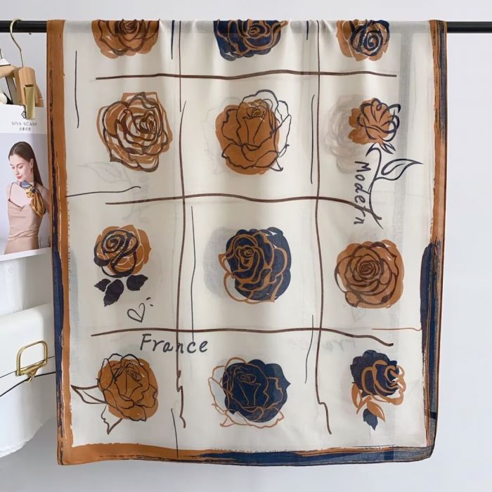 Soft Cotton Scarf with Vintage Rose Design in Brown