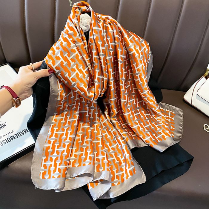 Letter H Printed Satin Silky Scarf in Orange