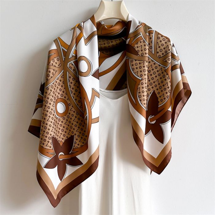 Luxury Geometric &amp; Floral Print Neck Square Scarf in Brown