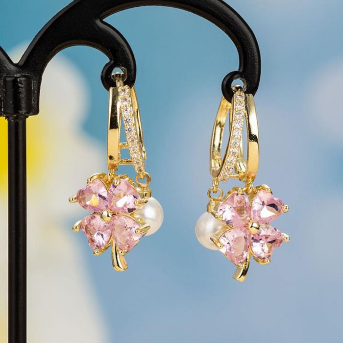 Hoop Earrings with Gemstone Flowers and Pearls in Pink