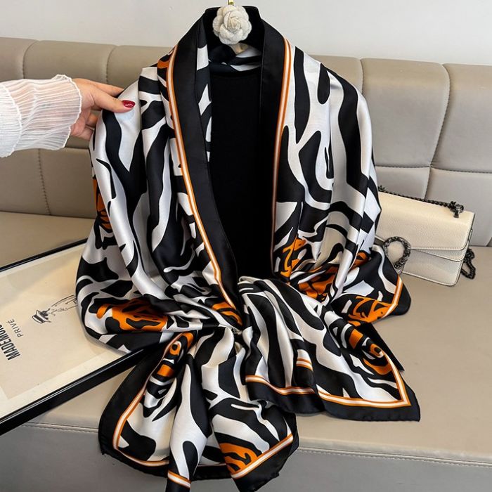 Elegant Zebra Print &amp; Orange Floral Satin Scarf