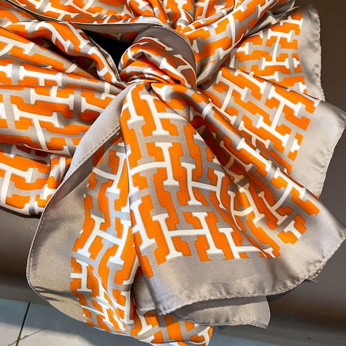 Letter H Printed Satin Silky Scarf in Orange