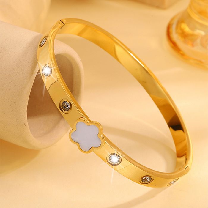Gold Flower Bracelet with Sparkling Crystals in Cream