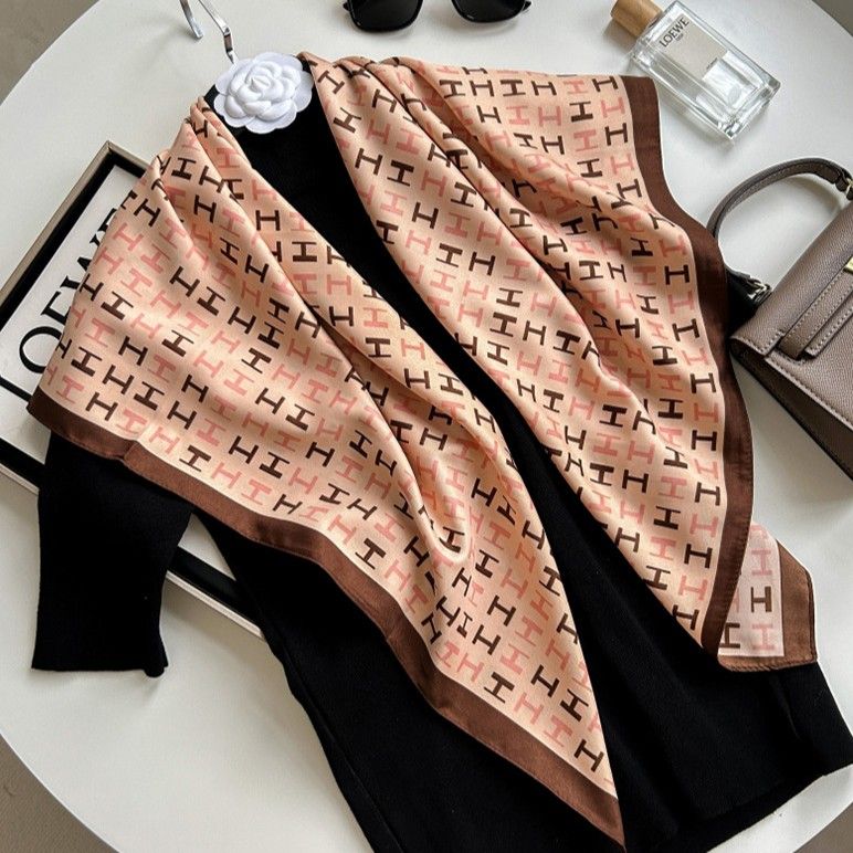 Colourful H Print Neck Satin Scarf in Peach