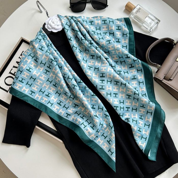 Colourful H Print Neck Satin Scarf in Blue