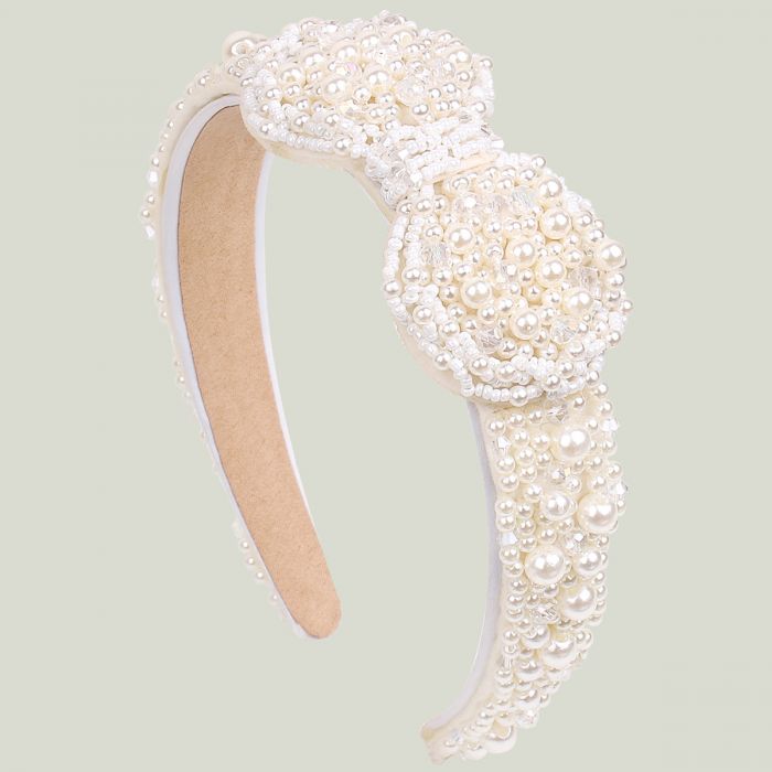 Delicate pearl bow headband in Ivory