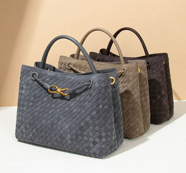 Textured Woven Tote Bag with Gold Bow Clasp