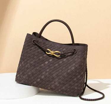 Textured Woven Tote Bag with Gold Bow Clasp