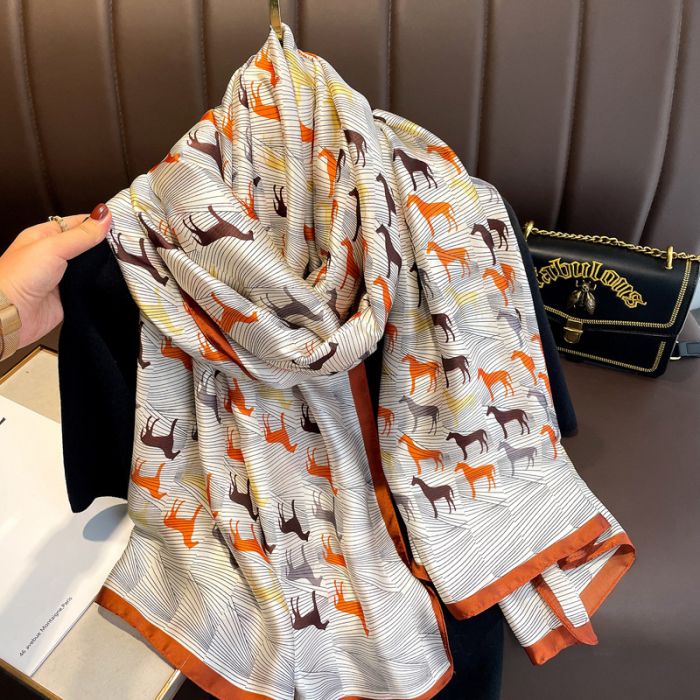 Vintage horse print satin scarf in Orange/Grey
