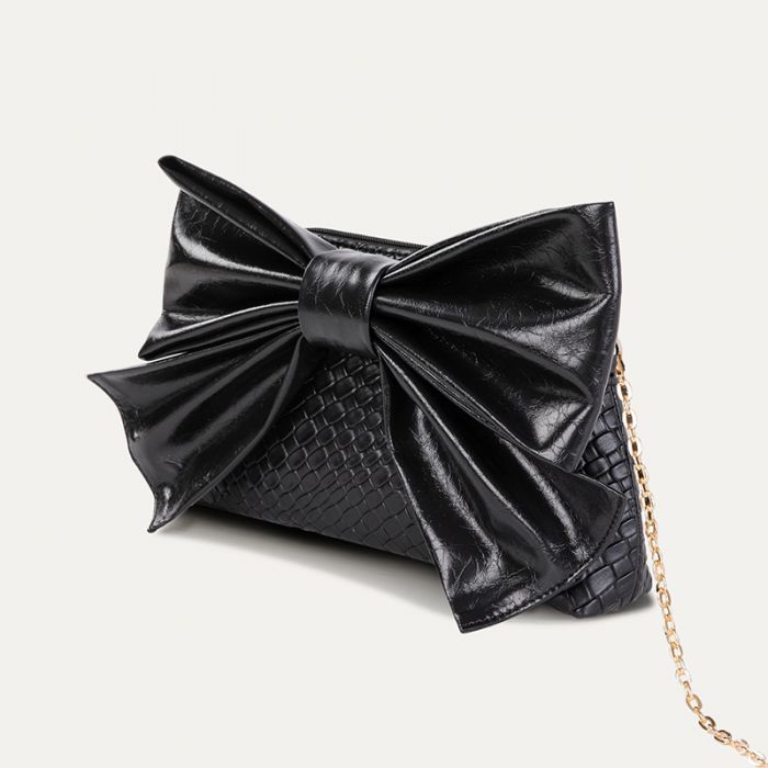 Bow Clutch Bag with Chain Strap in Black
