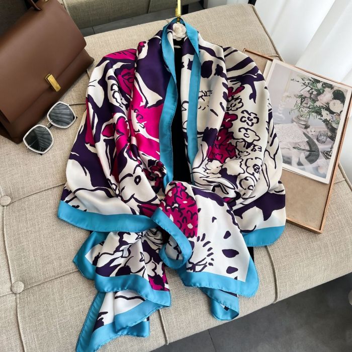 Floral print satin silky scarf in Blue