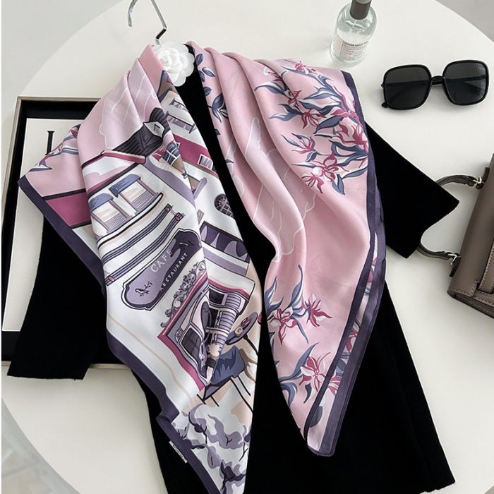 Parisian Charm Cafe &amp; Floral Neck Silk Scarf in Pink