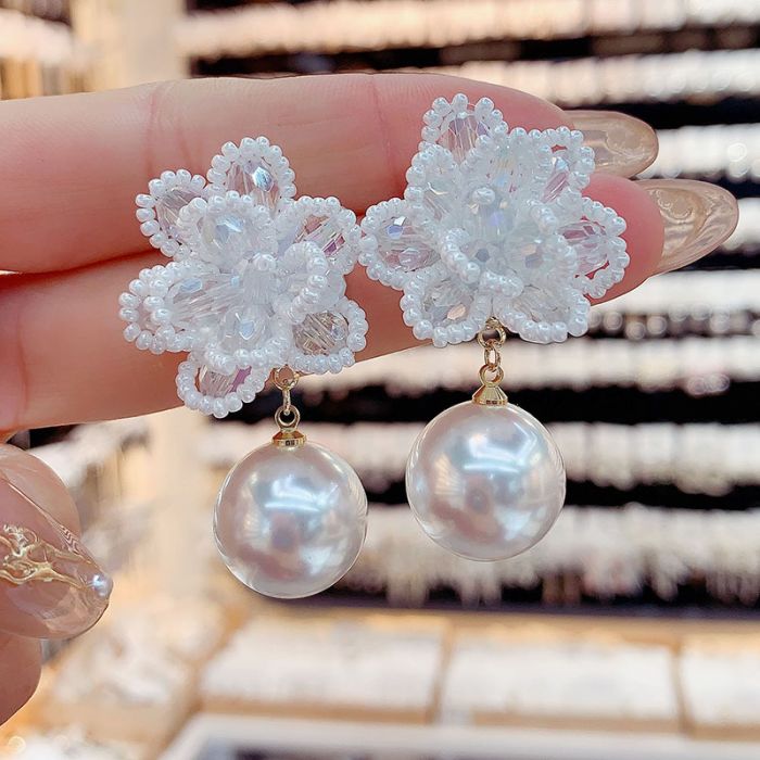 Glamorous Crystal Flower Earrings in White