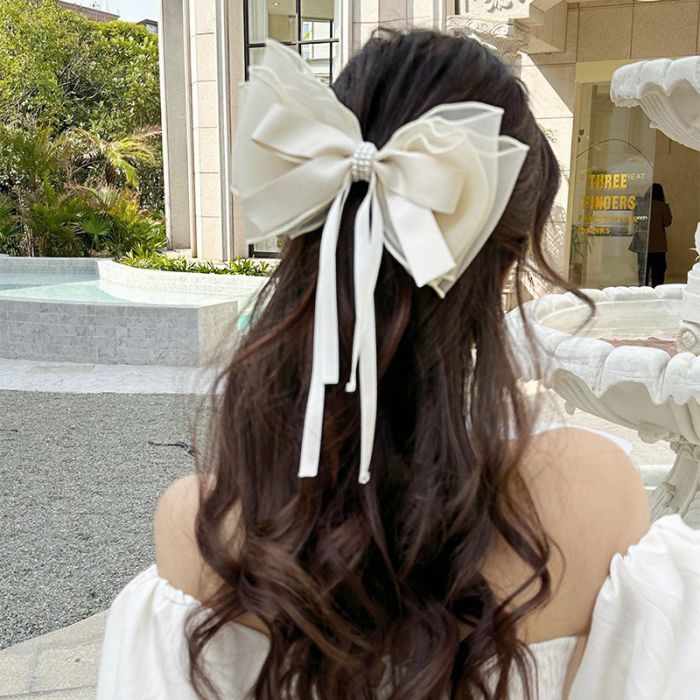 organza and pearl detail hair bow in Ivory