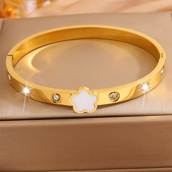 Gold Flower Bracelet with Sparkling Crystals in Cream