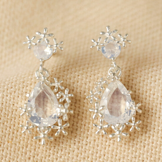 Small silver flower and crystal drop earrings