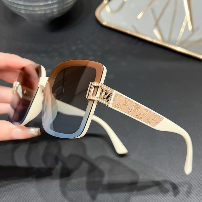 Luxe Monogram and Rhinestone Buckle Sunglasses in Beige