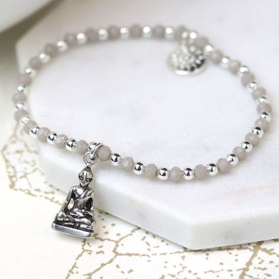 Silver Plated Grey Bead Bracelet With Sitting Budha