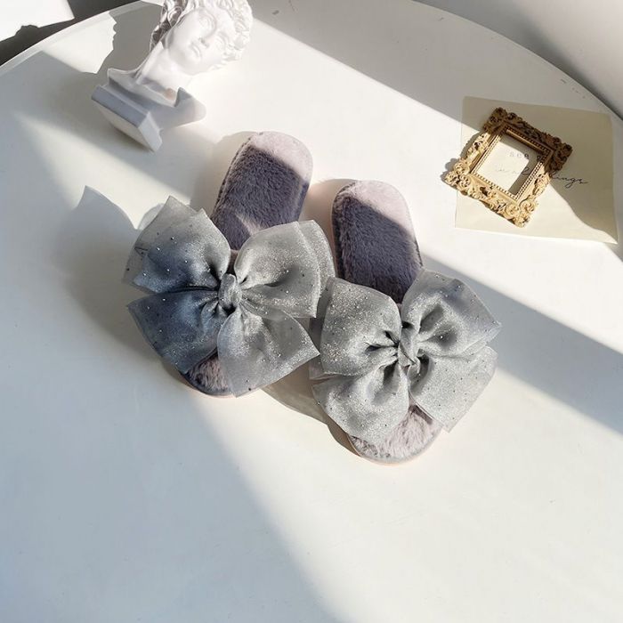 Large organza bow slippers in Silver Grey